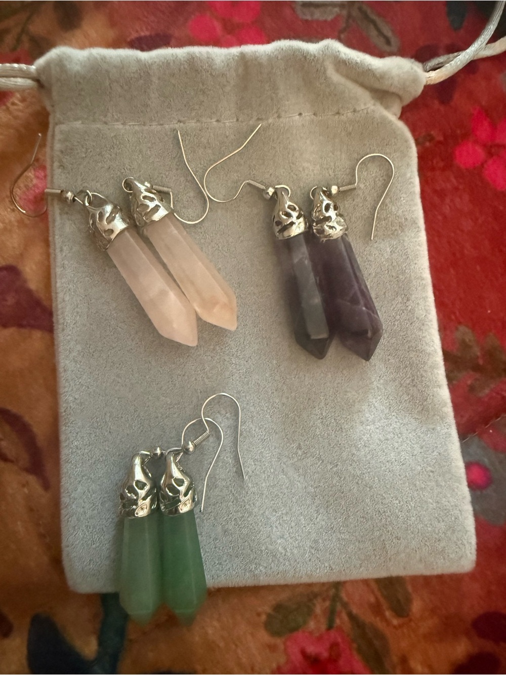 Crystal Point Drop Earrings in Pink, Purple, and Green